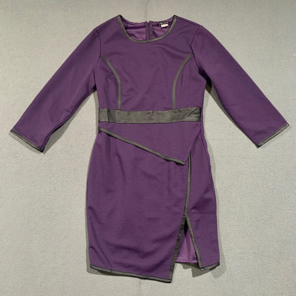 Venus Purple Ribbed Bodycon Dress Faux‎ Leather Trim Mobwife Womens 8